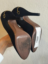 Load image into Gallery viewer, Gucci - Suede Round Toe Heels w horsebit detail on heel - Black - 35 - w box
