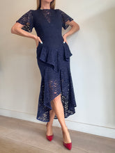 Load image into Gallery viewer, Rebecca Vallance - Lace SS Ruffle Detail Midi Dress - Navy - 10
