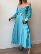 Load image into Gallery viewer, Lillian Khallouf - Off the Shoulder draped bust Maxi Dress w belt - Blue - 10
