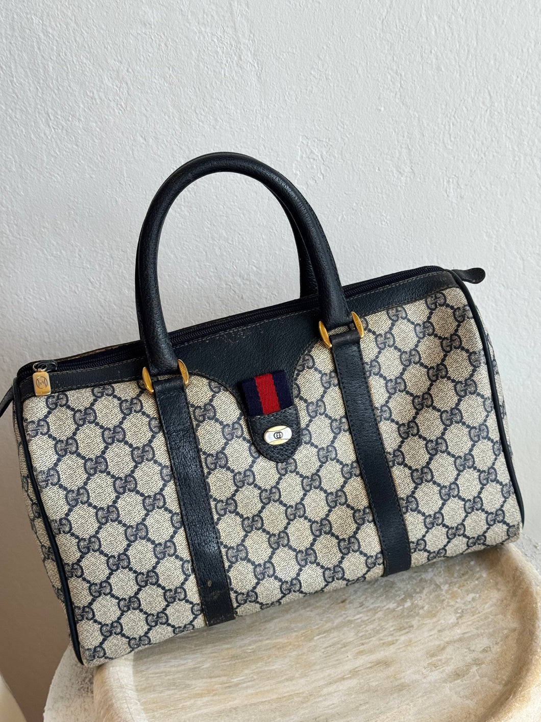 Vintage Gucci  - Boston GG Logo Bag - Navy - Medium