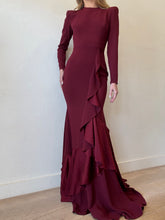 Load image into Gallery viewer, Alex Perry - Dane LS Ruffle Hem Gown - Burgundy - 8 - bnwt - RRP$1900

