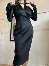 Load image into Gallery viewer, Burberry - Satin V Neck w Tie LS Midi Dress - Black - 12
