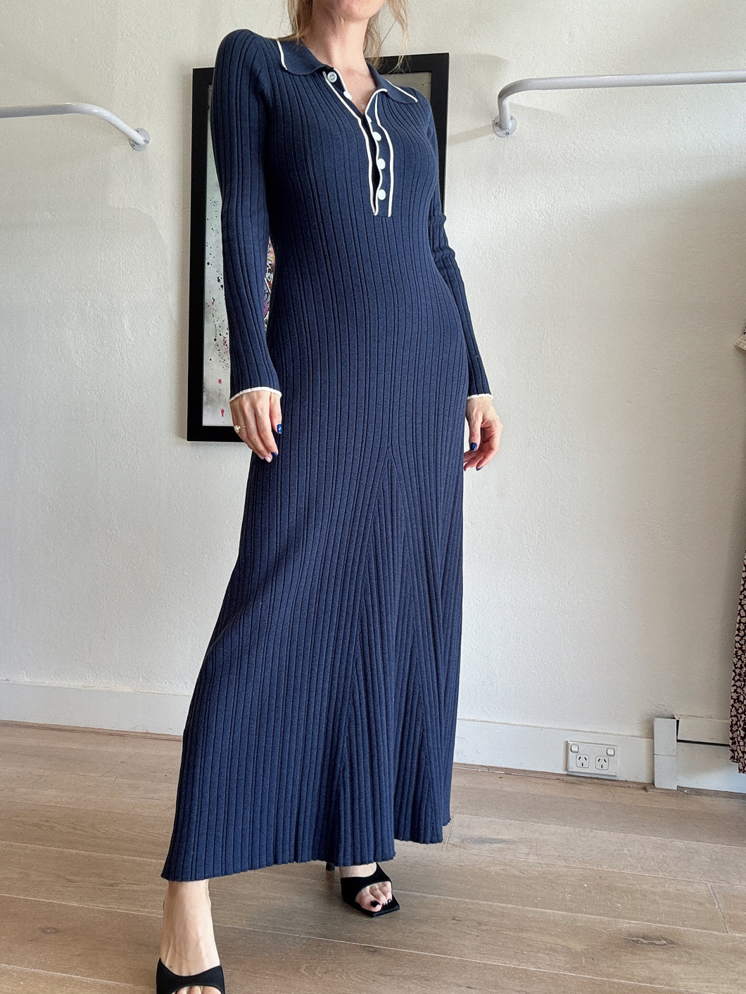 Anna Quan - Angelina Sailor Knit Maxi Dress - Blue w White Trim - 8 - RRP$395