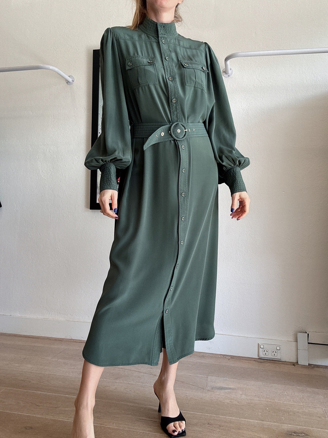 Zimmermann - Silk LS Midi dress w belt - Khaki - 3
