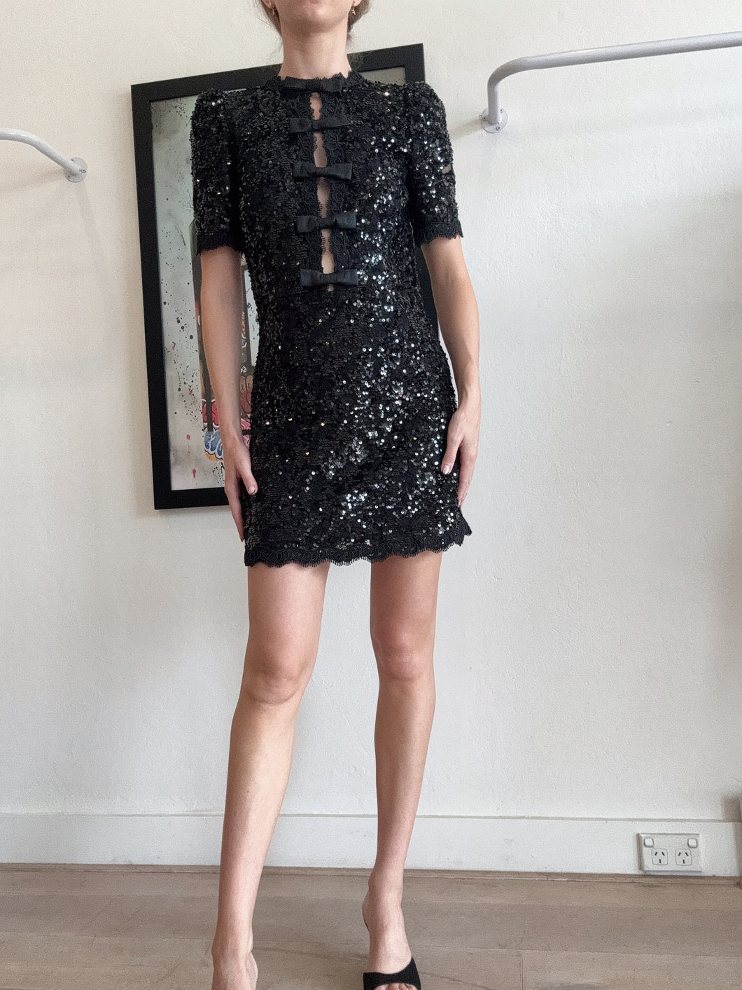 Rebecca Vallance - Diana Bow Mini dress - Black Sequins - 8 - RRP$749