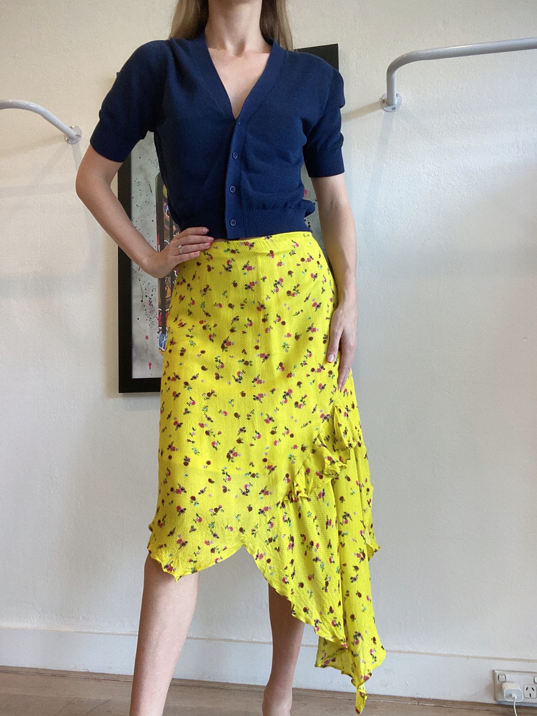 Preen By Thornton Bregazzi - Frilly Midi Skirt - Yellow -w small florals  S