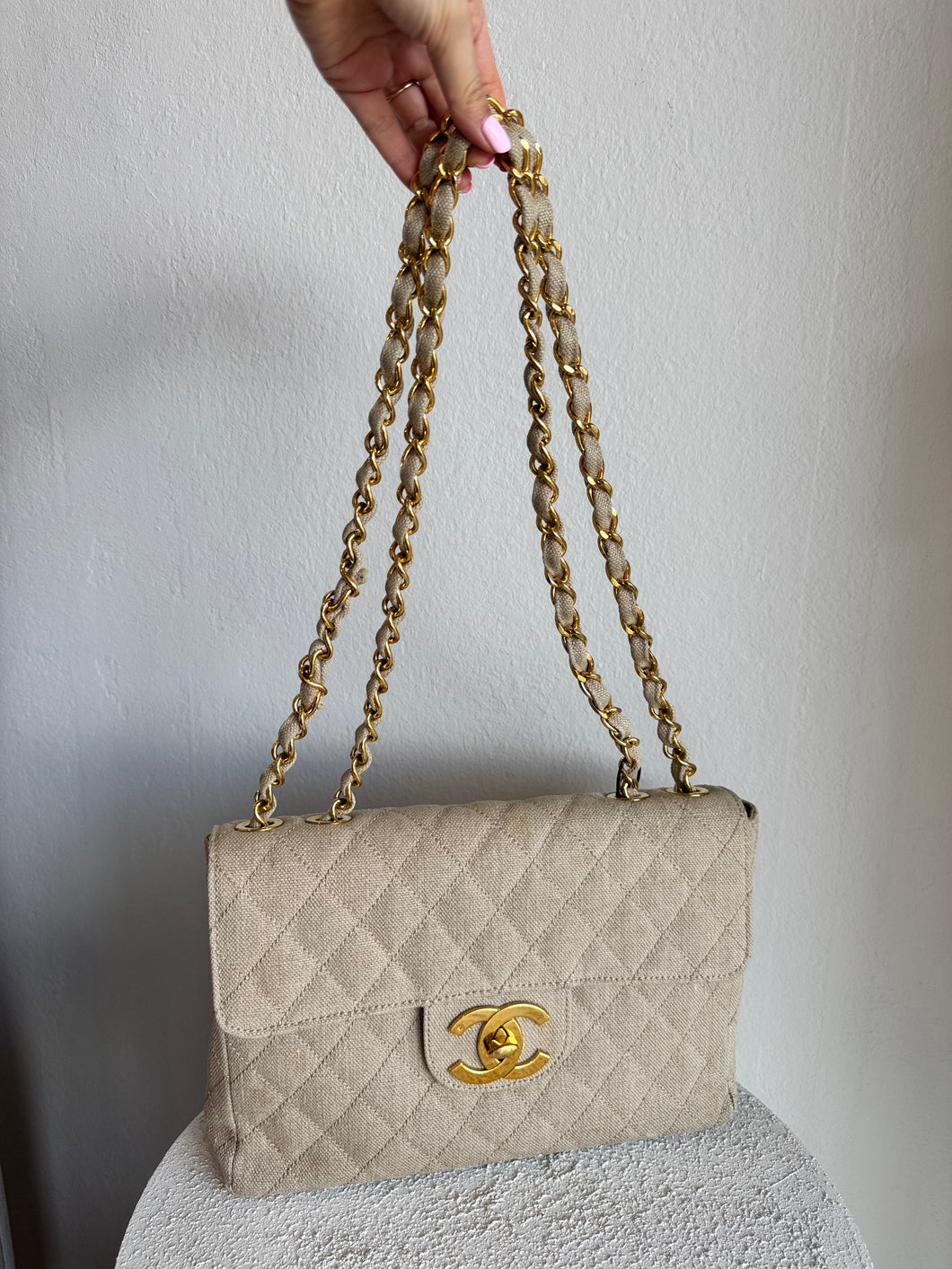 Chanel - Quilted Canvas Jumbo Classic Single Flap Bag - Beige - L