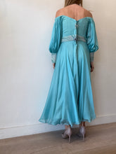 Load image into Gallery viewer, Lillian Khallouf - Off the Shoulder draped bust Maxi Dress w belt - Blue - 10
