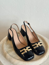 Load image into Gallery viewer, Scanlan Theodore - Gold Trim Slingback Shoes  w Block Heel- Black - 39 - $800

