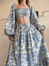 Load image into Gallery viewer, Palm Noosa - Rushed Top &amp; Skirt Set - Blue w Ivory Leaf Print  - 10
