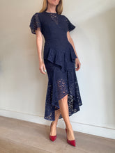 Load image into Gallery viewer, Rebecca Vallance - Lace SS Ruffle Detail Midi Dress - Navy - 10
