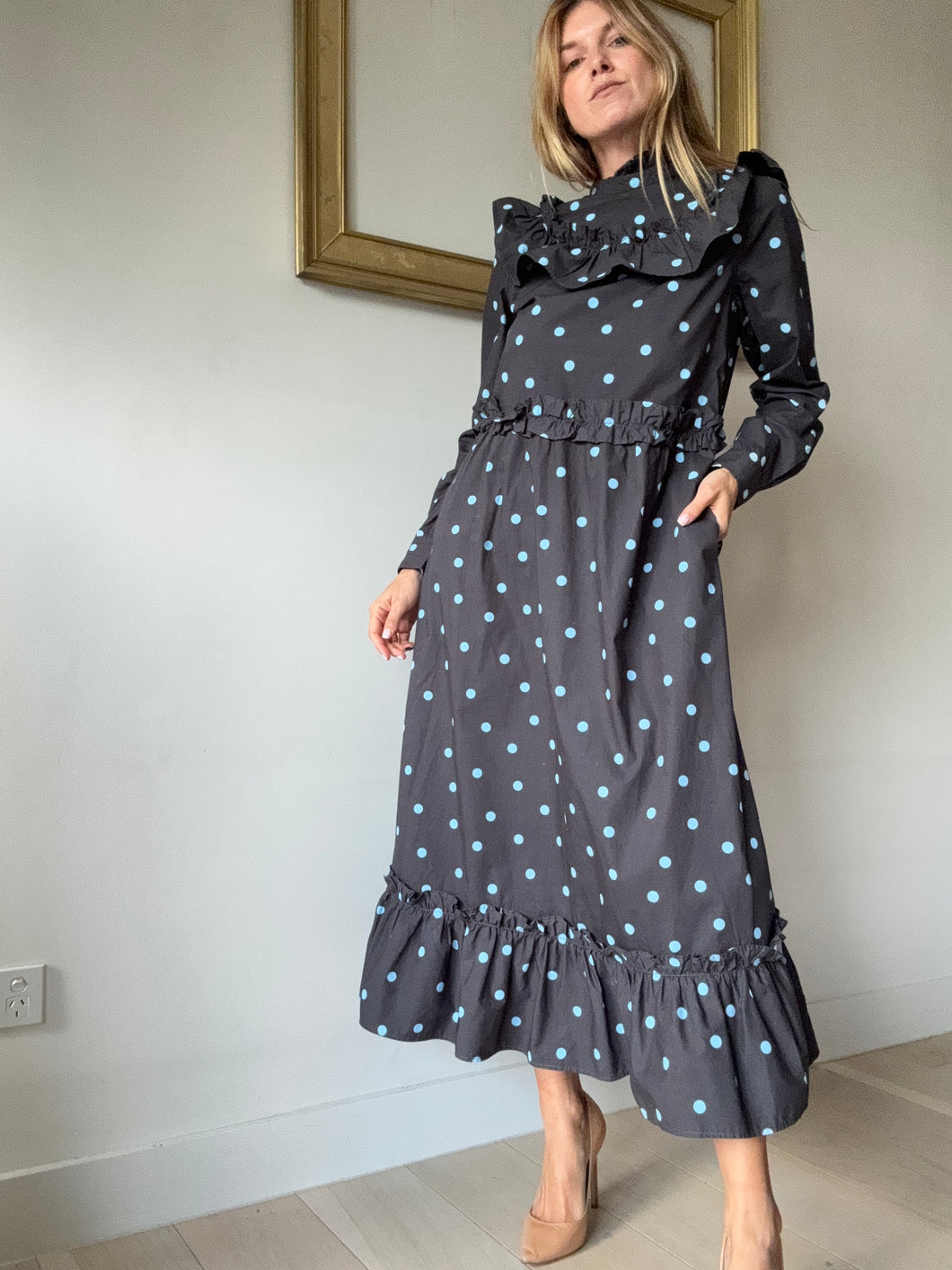 Ganni - Cotton Midi dress - Navy w blue polka - 36