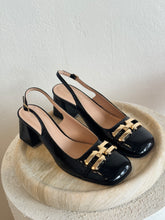 Load image into Gallery viewer, Scanlan Theodore - Gold Trim Slingback Shoes  w Block Heel- Black - 39 - $800
