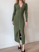Load image into Gallery viewer, Aje - LS Ribbed Midi Dress w gold buttons  - Olive Green - S
