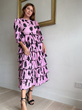 Load image into Gallery viewer, Ganni - Floral pleated Georgette Midi dress - Pink w black tulip print - 34
