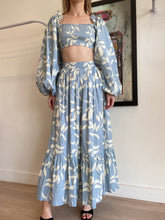 Load image into Gallery viewer, Palm Noosa - Rushed Top &amp; Skirt Set - Blue w Ivory Leaf Print  - 10
