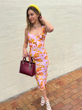 Load image into Gallery viewer, Alex Perry - Claret sweetheart-neck stretch-woven Midi dress - Pink w yellow print - 6 - RRP$1800
