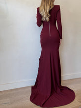Load image into Gallery viewer, Alex Perry - Dane LS Ruffle Hem Gown - Burgundy - 8 - bnwt - RRP$1900

