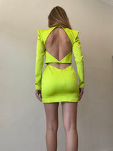 Load image into Gallery viewer, Alex Perry -Satin Crepe Crew LS Mini Dress w open back - Lime - 10 - bnwt - RRP$2,200
