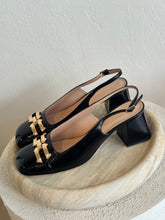 Load image into Gallery viewer, Scanlan Theodore - Gold Trim Slingback Shoes  w Block Heel- Black - 39 - $800
