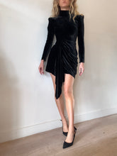 Load image into Gallery viewer, Alex Perry - LS Velvet Draped Mini Dress w Exposed Back Zip - Black - 6
