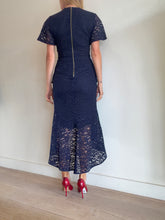 Load image into Gallery viewer, Rebecca Vallance - Lace SS Ruffle Detail Midi Dress - Navy - 10

