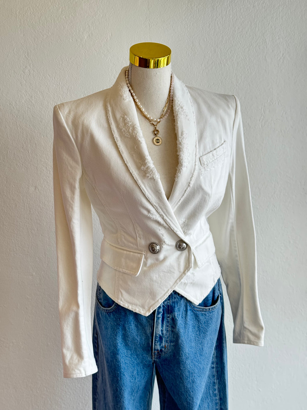 Balmain Paris - Distress Tux Style Denim Jacket - Ivory - 38 - RRP$2790