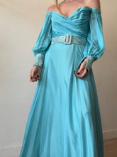 Load image into Gallery viewer, Lillian Khallouf - Off the Shoulder draped bust Maxi Dress w belt - Blue - 10
