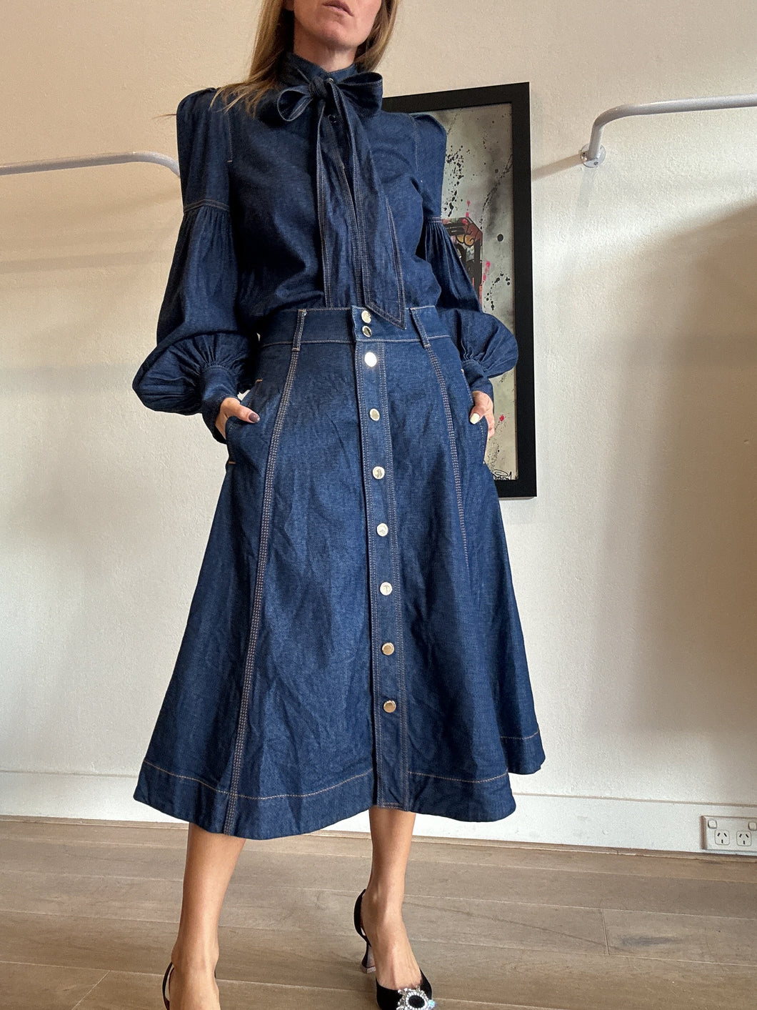 Zimmermann - Illuminate A Line Denim Midi Skirt - Dark Denim - 2 - RRP$495