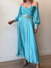 Load image into Gallery viewer, Lillian Khallouf - Off the Shoulder draped bust Maxi Dress w belt - Blue - 10
