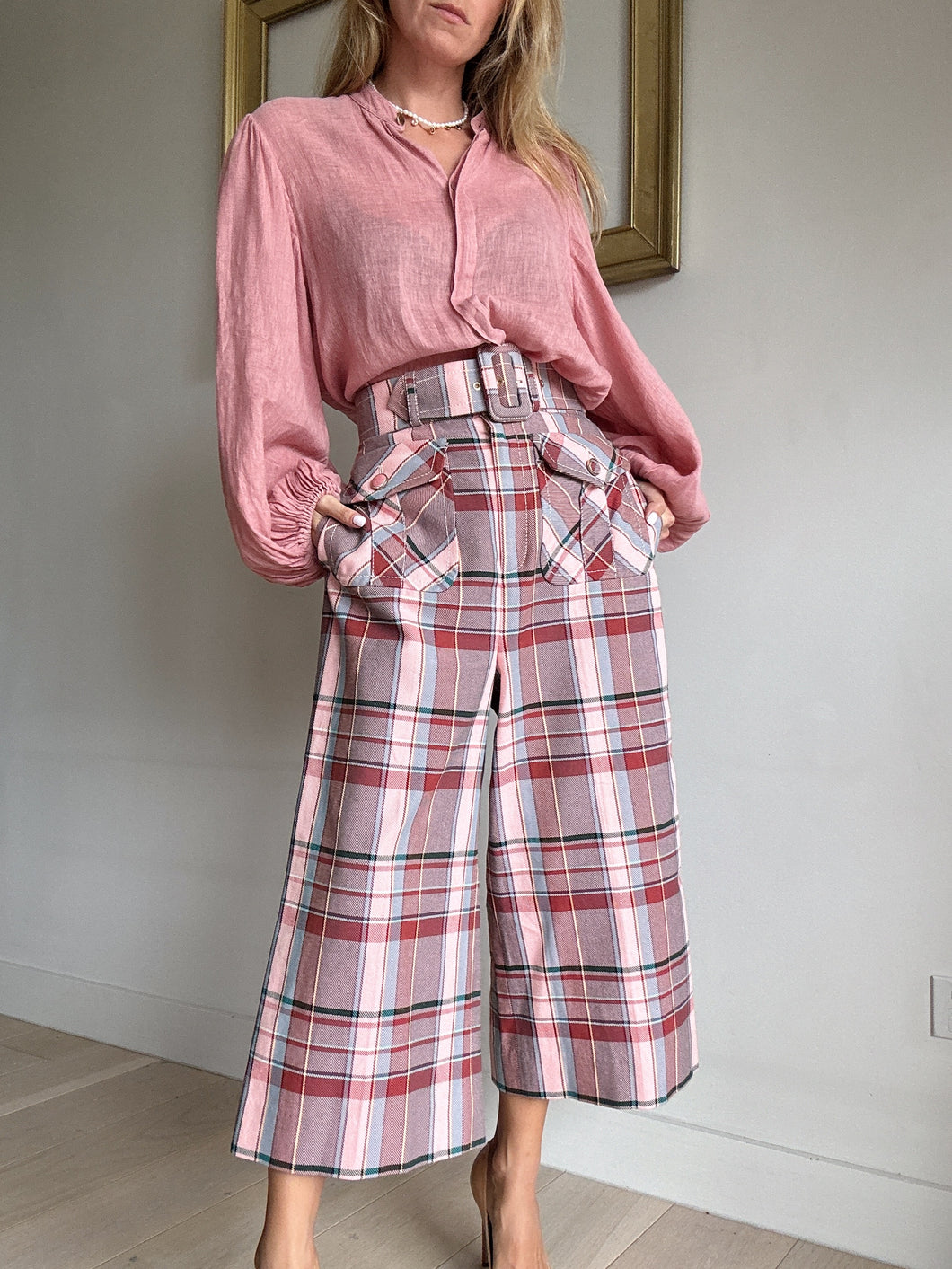 Zimmermann - Check  Cropped Pants w belt - Pink blue check - 1