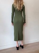Load image into Gallery viewer, Aje - LS Ribbed Midi Dress w gold buttons  - Olive Green - S
