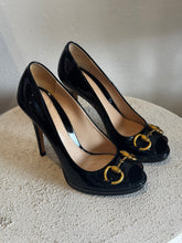 Load image into Gallery viewer, Gucci - Patent Horsebit Peep Toe Heels - Black - 35 -w box
