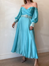 Load image into Gallery viewer, Lillian Khallouf - Off the Shoulder draped bust Maxi Dress w belt - Blue - 10
