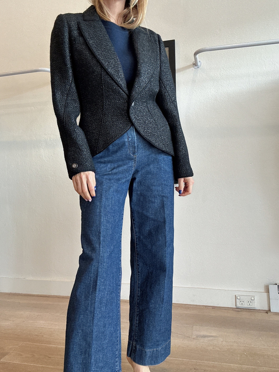 Chanel - Single Button Jacket - Grey Tweed - 44