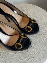 Load image into Gallery viewer, Gucci - Patent Horsebit Peep Toe Heels - Black - 35 -w box
