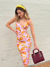 Load image into Gallery viewer, Alex Perry - Claret sweetheart-neck stretch-woven Midi dress - Pink w yellow print - 6 - RRP$1800
