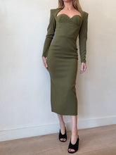 Load image into Gallery viewer, Alex Perry - LS Stretch Crepe Corset bust Midi Dress - Olive - 8
