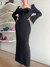 Load image into Gallery viewer, Alex Perry - Lyndon - Stretch Crepe L/S Contrast Sweetheart Maxi Dress w Velvet Bust Detail - Black - 14
