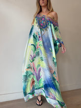 Load image into Gallery viewer, Camilla - Silk Jewelled /Beaded Fern Print Kaftan - Multi Green/Purple - OS
