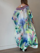 Load image into Gallery viewer, Camilla - Silk Jewelled /Beaded Fern Print Kaftan - Multi Green/Purple - OS
