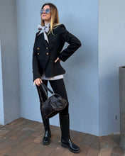 Load image into Gallery viewer, Bianca Spender - Tie Neck Blouse w Wide Cuff - White Black/Beige Stripe - S
