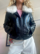 Load image into Gallery viewer, Unreal Fur - Cropped Wet Look Aviator Jacket w Faux Fur Collar - Black - M
