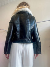 Load image into Gallery viewer, Unreal Fur - Cropped Wet Look Aviator Jacket w Faux Fur Collar - Black - M
