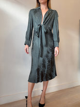 Load image into Gallery viewer, Scanlan Theodore - LS Tie Front Shirt Dress - Dark Green/Animal Print - 6
