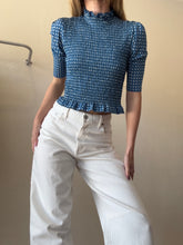Load image into Gallery viewer, Sandro - 1/2 Sleeve Smocked Top - Blue/White Flowers - S
