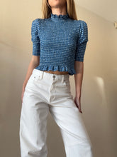 Load image into Gallery viewer, Sandro - 1/2 Sleeve Smocked Top - Blue/White Flowers - S
