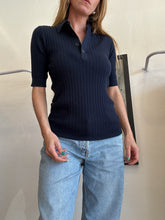 Load image into Gallery viewer, Oroton - SS Collared Wool Blend Ribbed Knit Top - Navy - S
