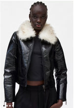 Load image into Gallery viewer, Unreal Fur - Cropped Wet Look Aviator Jacket w Faux Fur Collar - Black - M
