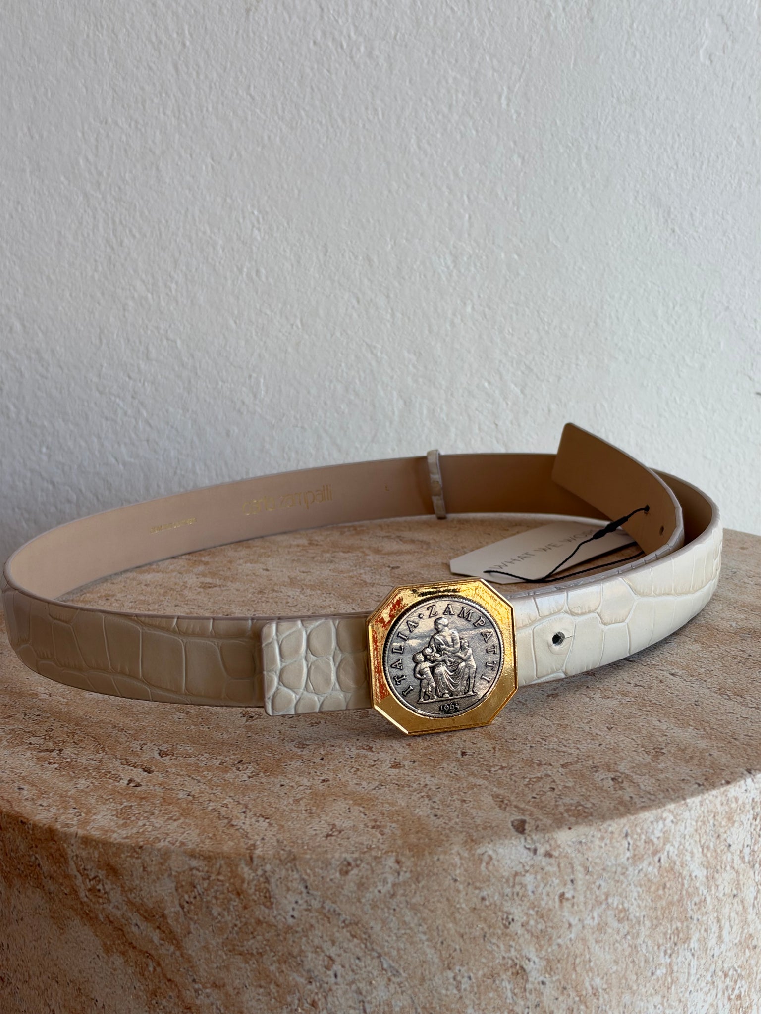 Carla Zampatti - Croc Octagonal Coin Belt - Cream - L – What We Wore ...